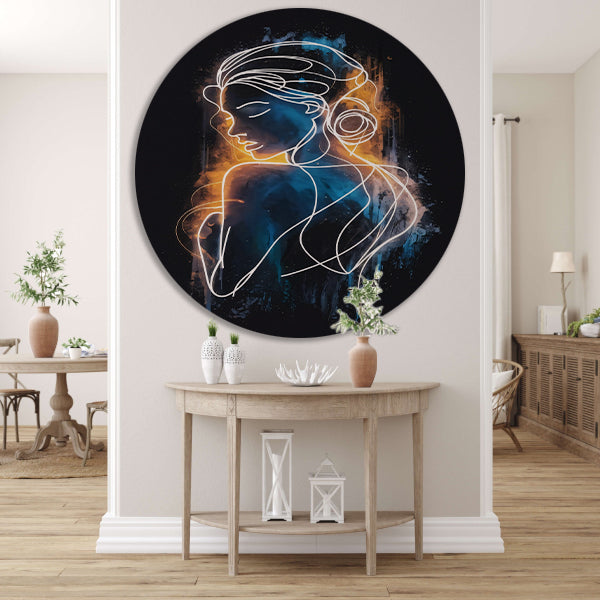Abstracte Vrouwenfiguur in Lijnen en Kleur aluminium muurcirkel