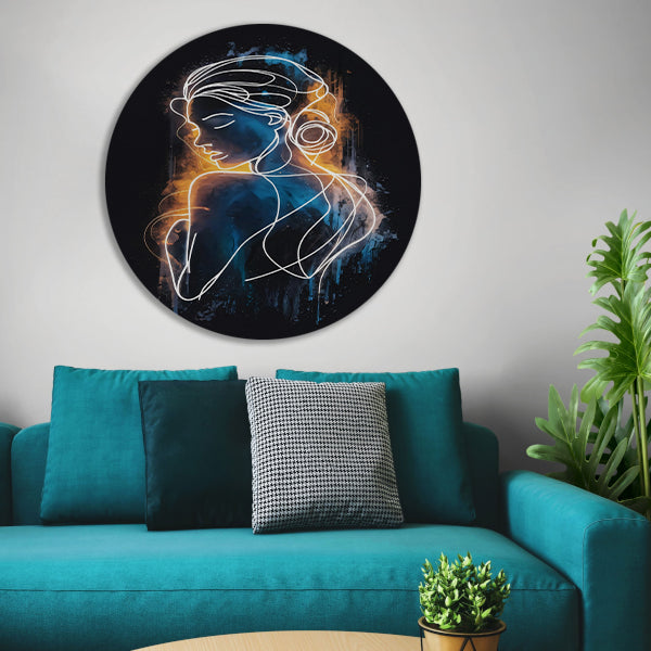 Abstracte Vrouwenfiguur in Lijnen en Kleur aluminium muurcirkel