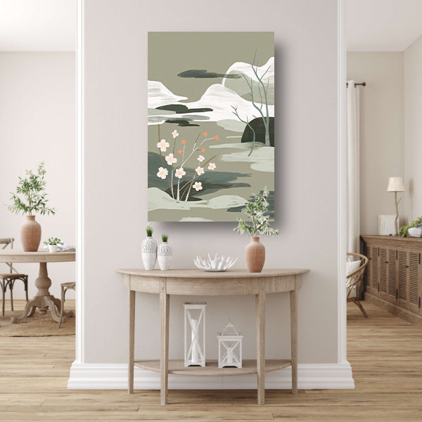 Minimalistisch schilderij met bloesems en bergen poster