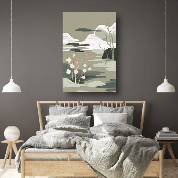 Minimalistisch schilderij met bloesems en bergen poster