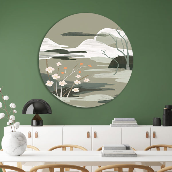 Minimalistisch schilderij met bloesems en bergen forex muurcirkel
