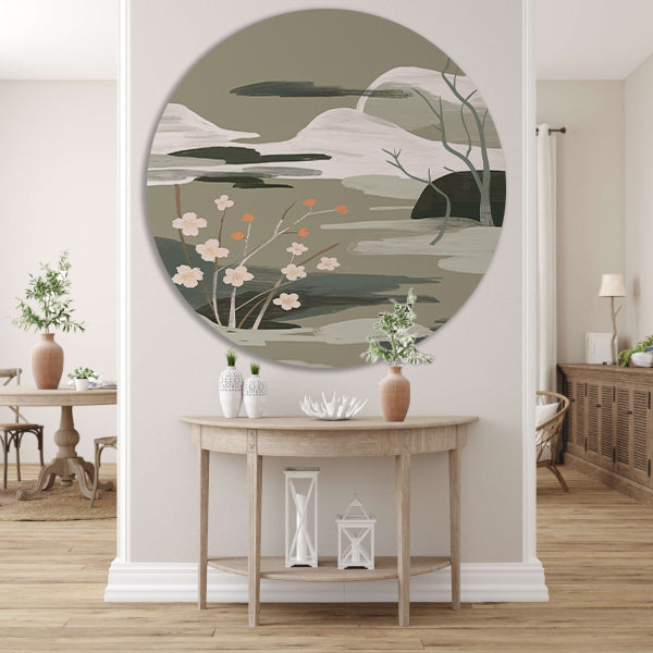 Minimalistisch schilderij met bloesems en bergen forex muurcirkel