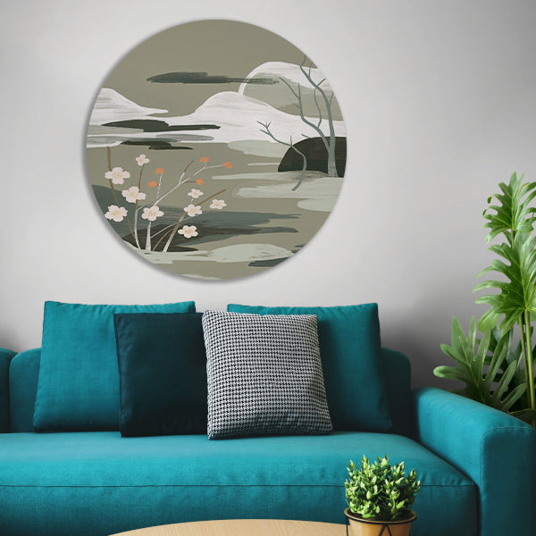 Minimalistisch schilderij met bloesems en bergen forex muurcirkel