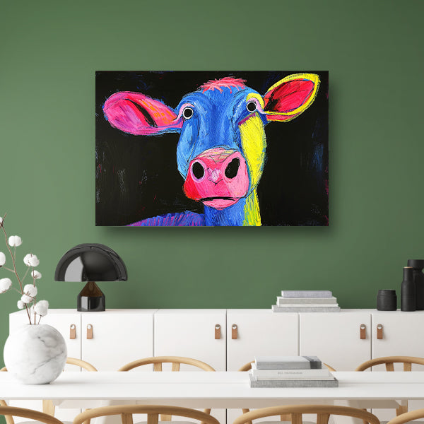 Kleurrijk abstract portret van een koe canvas met baklijst
