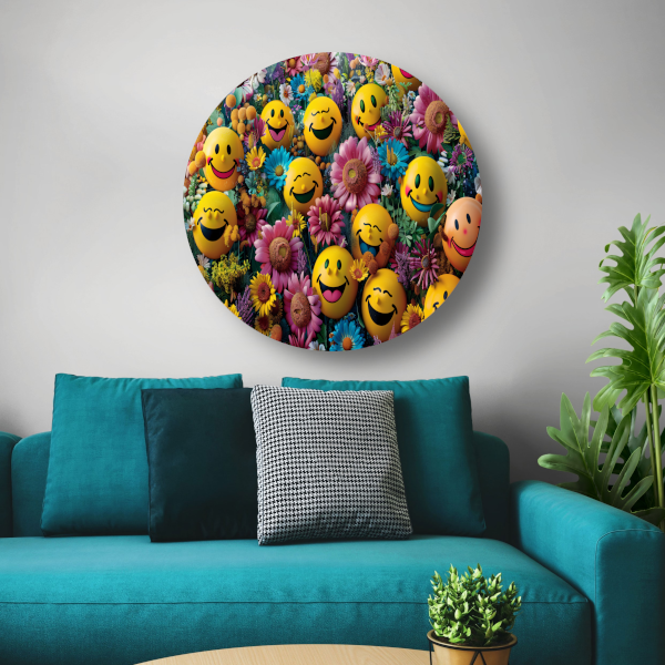 Smileygezichten Bloemenveld aluminium muurcirkel