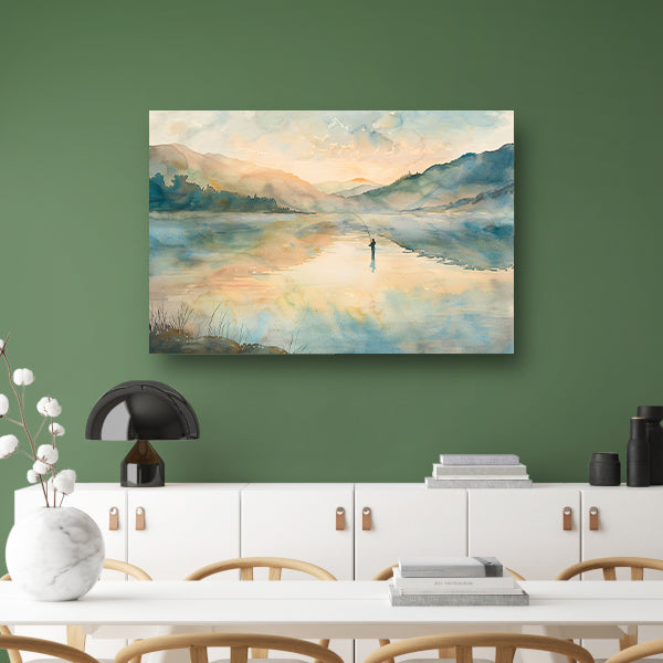 Vissende man in mistig berglandschap canvas