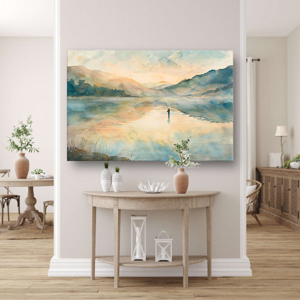 Vissende man in mistig berglandschap canvas