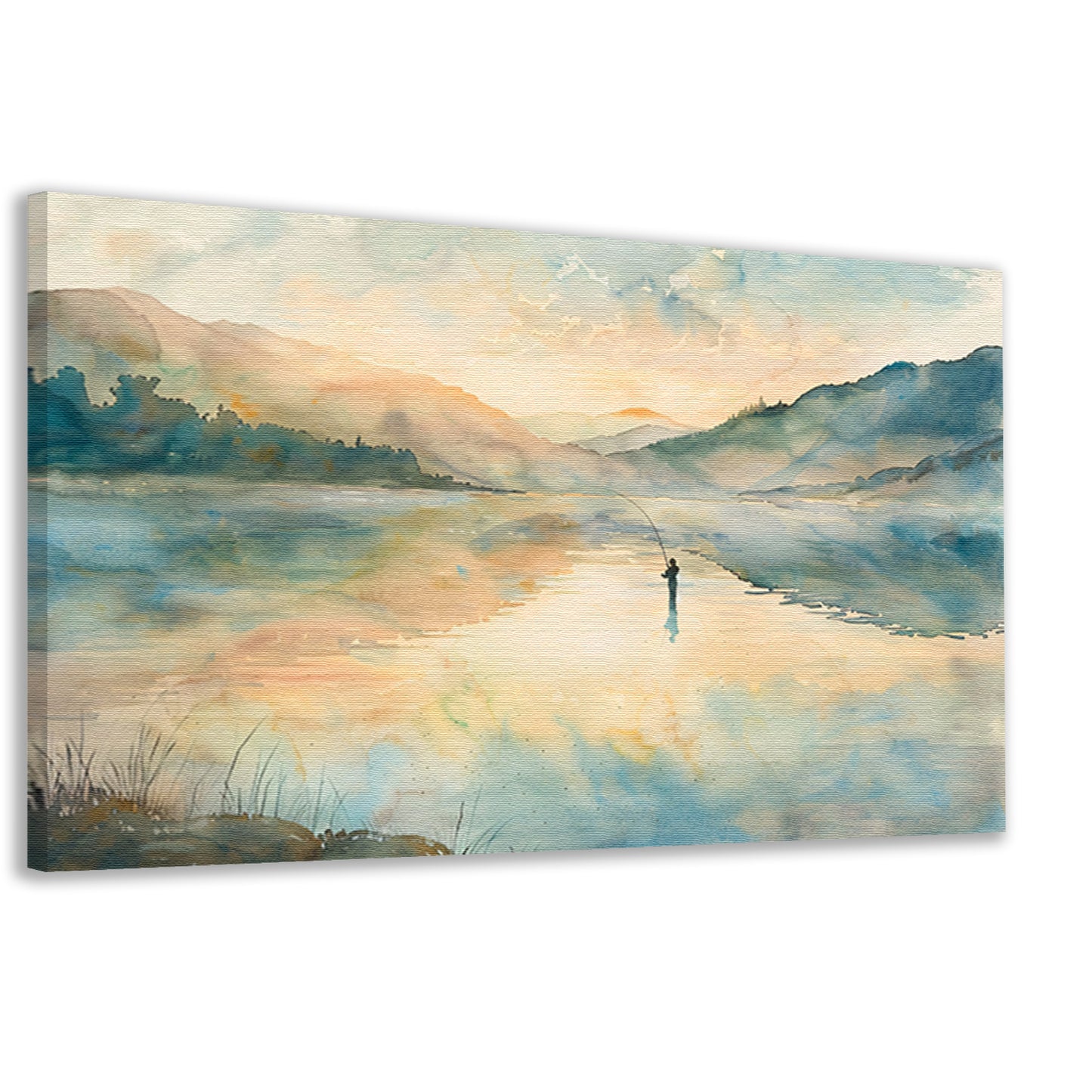 Vissende man in mistig berglandschap canvas