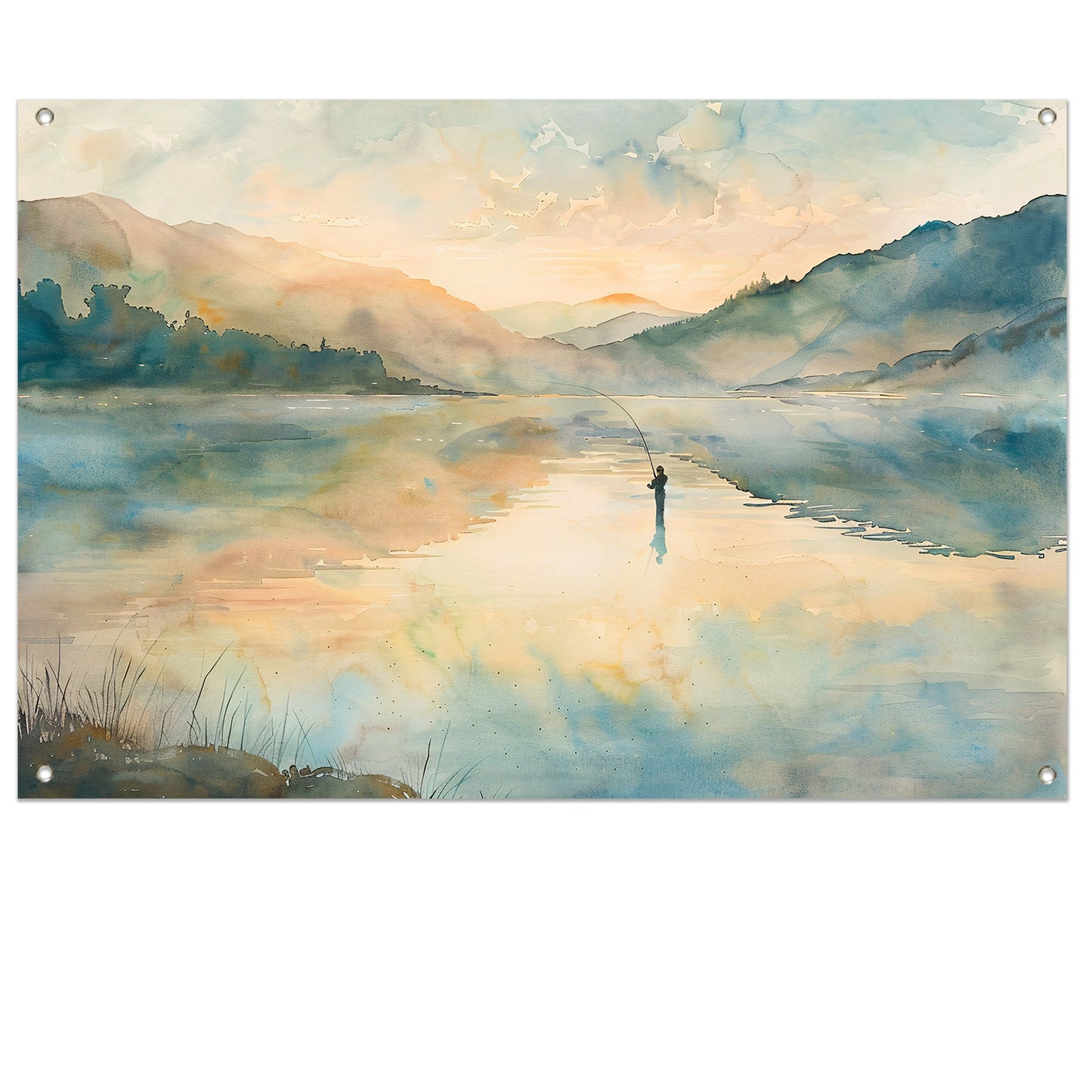 Vissende man in mistig berglandschap tuinposter