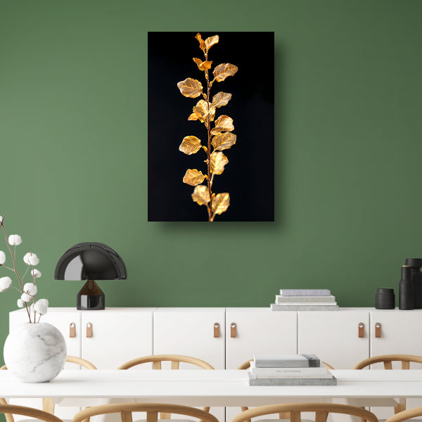 Glinsterende gouden tak met bladeren op zwarte achtergrond canvas