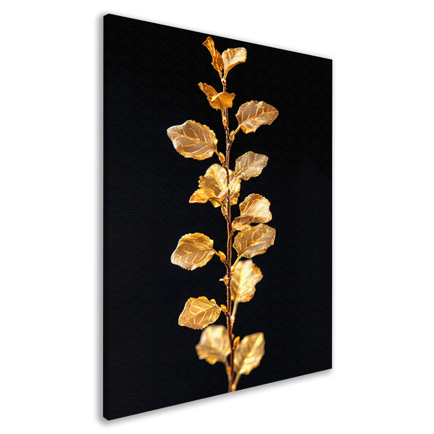 Glinsterende gouden tak met bladeren op zwarte achtergrond canvas