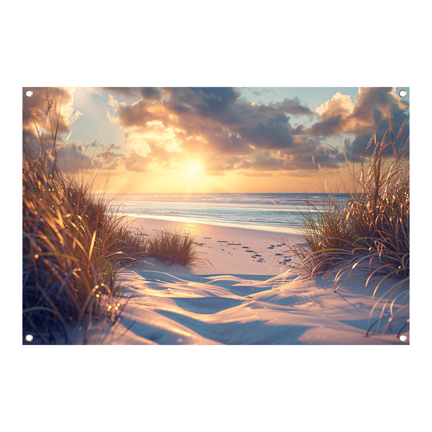 Betoverende zonsondergang op het strand met levendige kleuren tuinposter