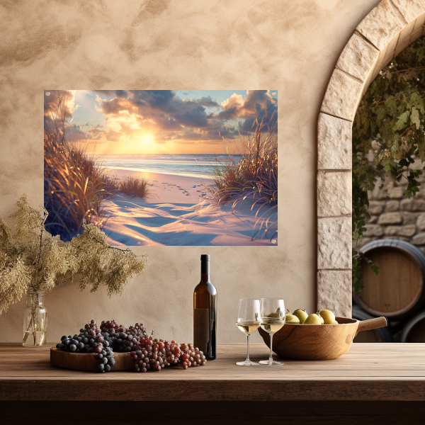 Betoverende zonsondergang op het strand met levendige kleuren tuinposter