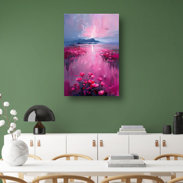 Roze zonsondergang en bloemen aan de waterkant canvas