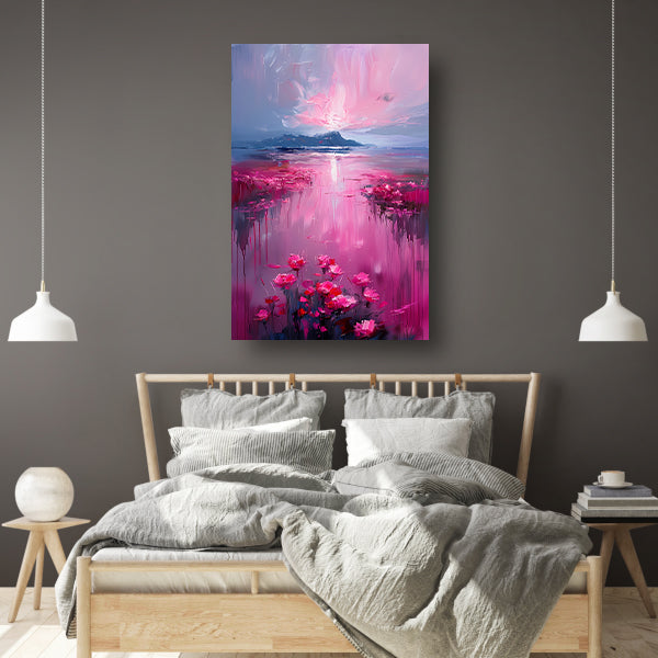 Roze zonsondergang en bloemen aan de waterkant canvas