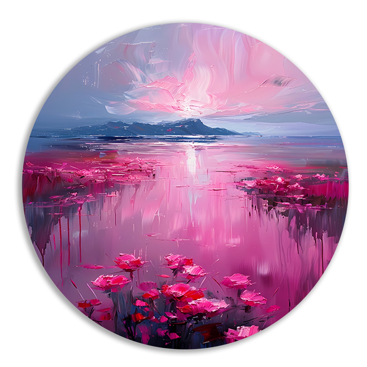 Roze zonsondergang en bloemen aan de waterkant forex muurcirkel