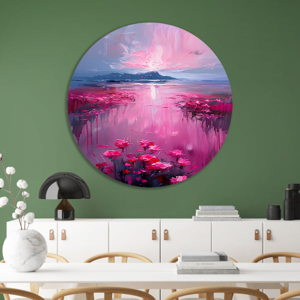 Roze zonsondergang en bloemen aan de waterkant forex muurcirkel