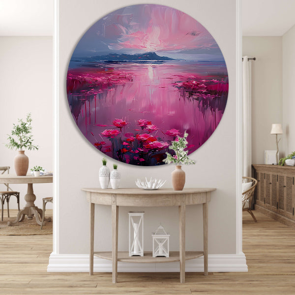 Roze zonsondergang en bloemen aan de waterkant forex muurcirkel