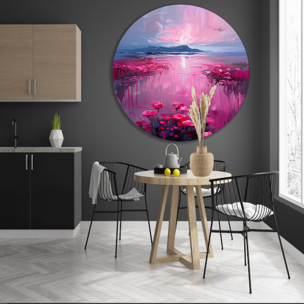 Roze zonsondergang en bloemen aan de waterkant forex muurcirkel