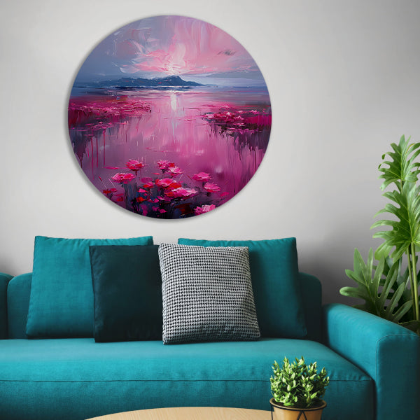 Roze zonsondergang en bloemen aan de waterkant forex muurcirkel