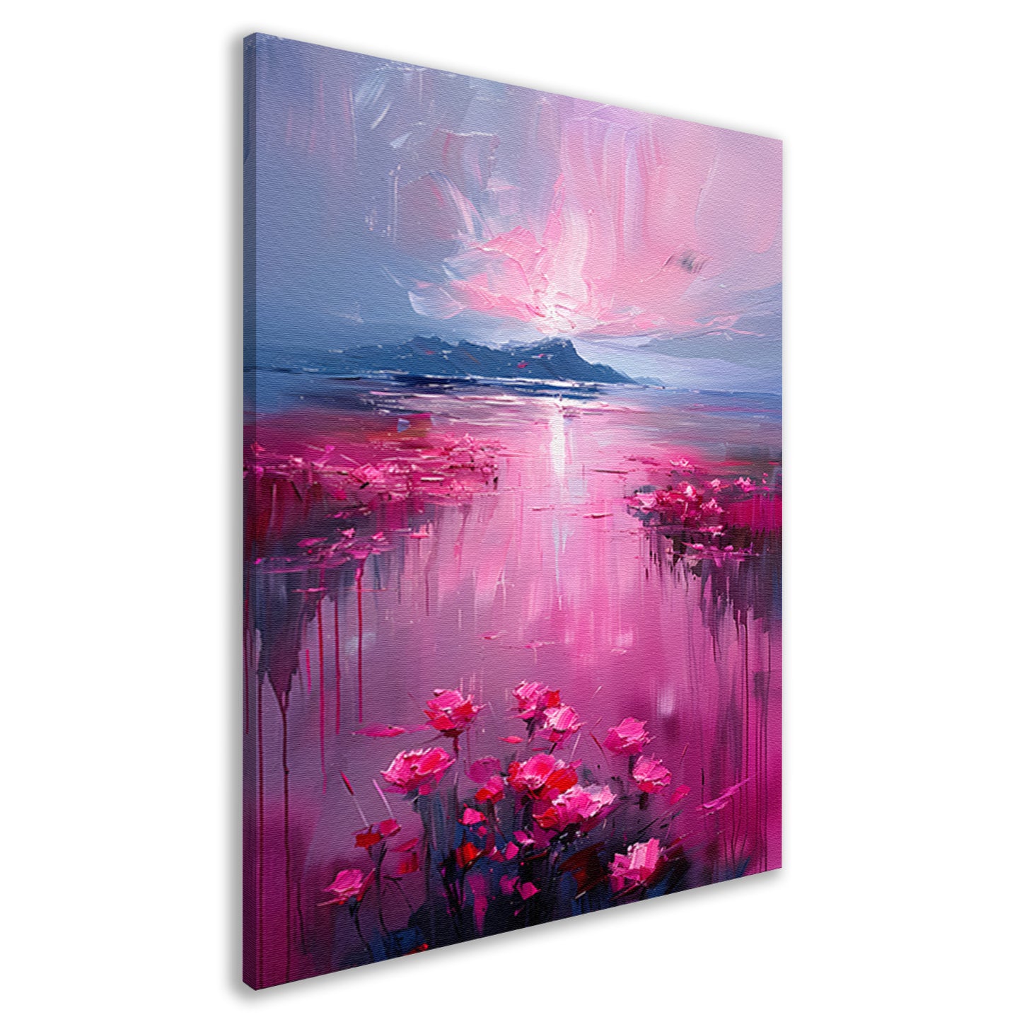 Roze zonsondergang en bloemen aan de waterkant canvas