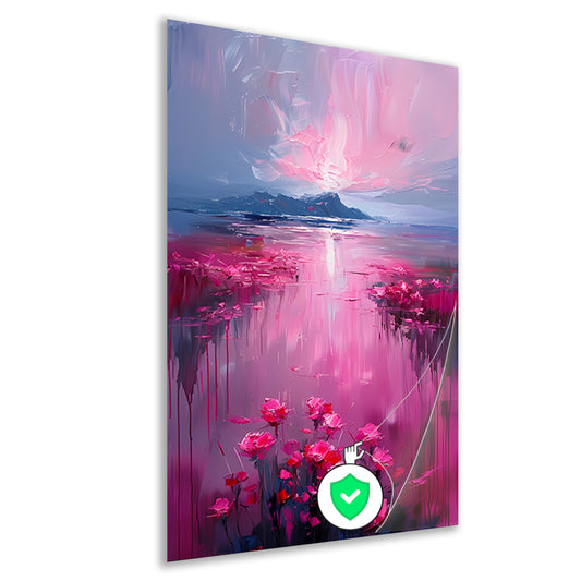 Roze zonsondergang en bloemen aan de waterkant poster