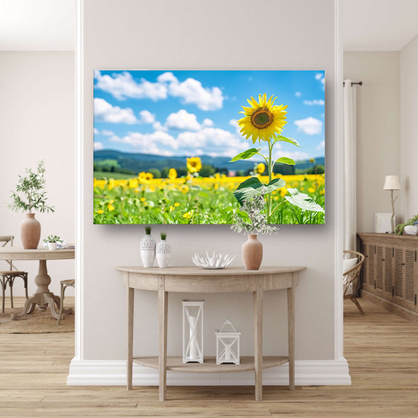 Zonnige dag met bloeiende zonnebloemen poster