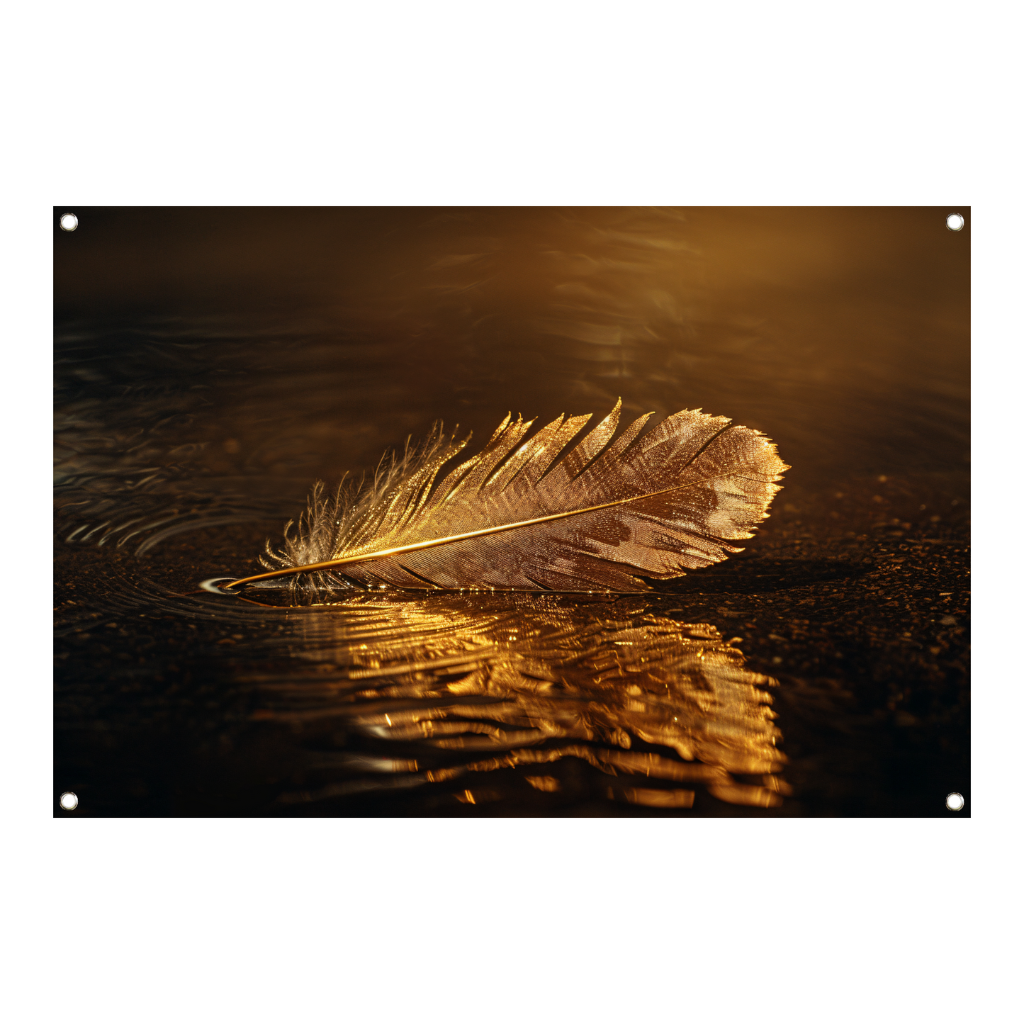 Gouden veer drijvend op mysterieus donker water tuinposter