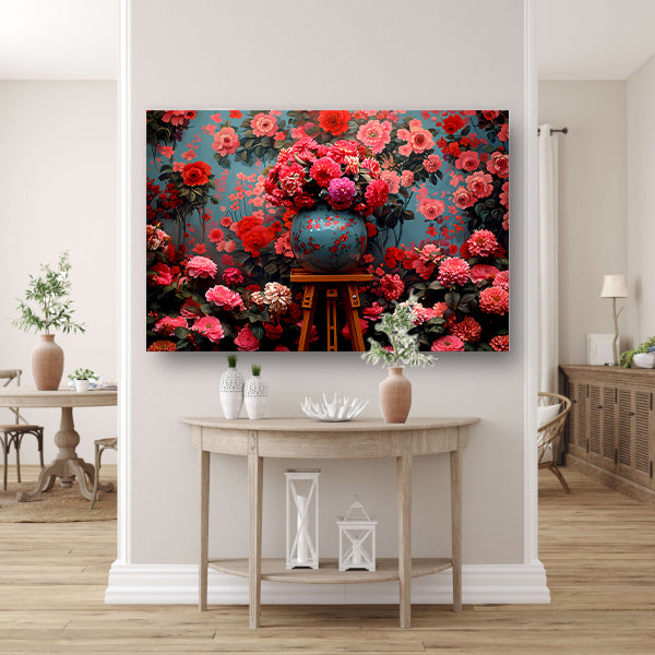 Blauwe vaas met roze bloemen poster