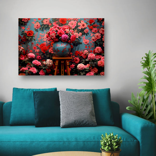 Blauwe vaas met roze bloemen poster