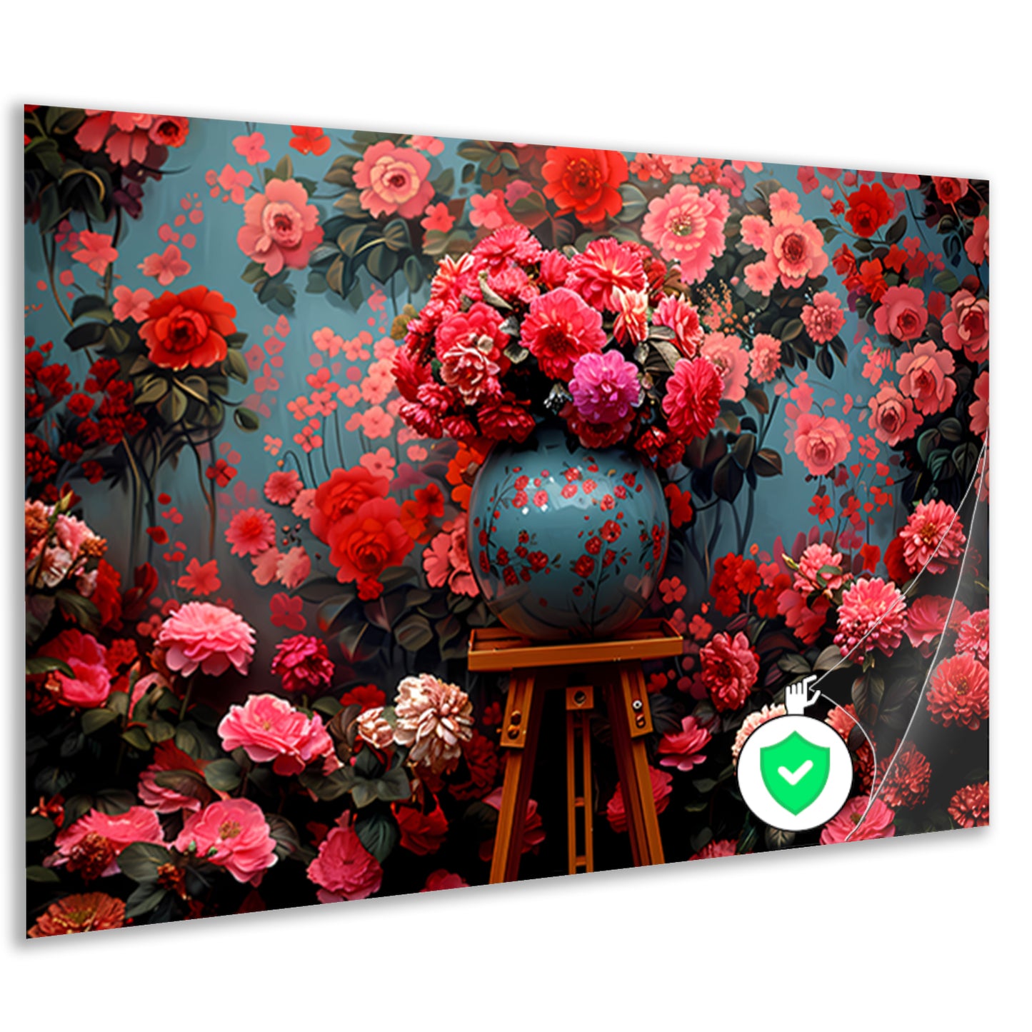 Blauwe vaas met roze bloemen poster