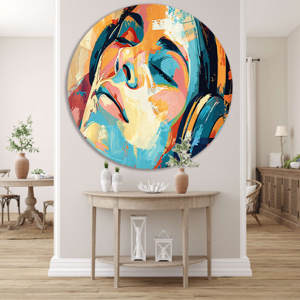 Abstracte kleurrijke portret met hoofdtelefoon aluminium muurcirkel