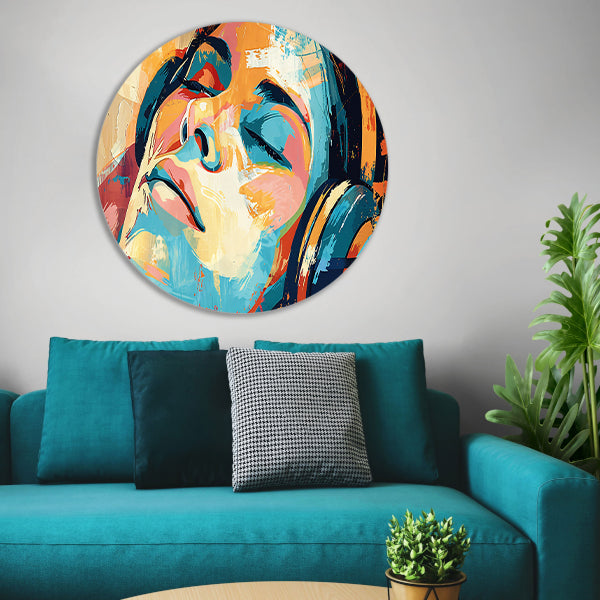 Abstracte kleurrijke portret met hoofdtelefoon aluminium muurcirkel