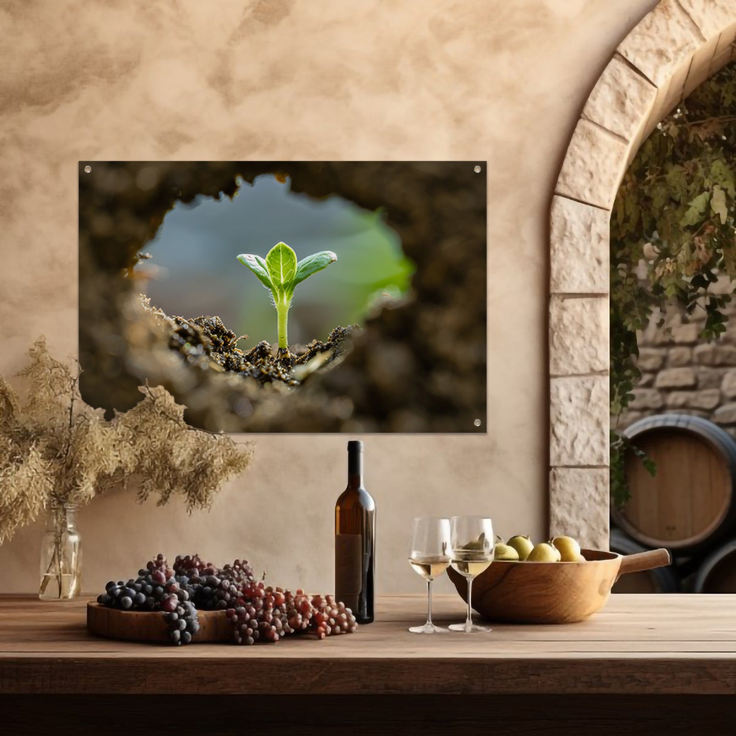 Jonge plant ontspringt uit aarde tuinposter
