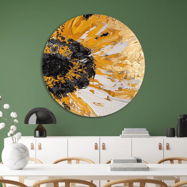 Dynamische abstracte zonnebloem in goud en zwart aluminium muurcirkel