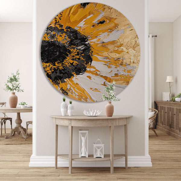 Dynamische abstracte zonnebloem in goud en zwart aluminium muurcirkel
