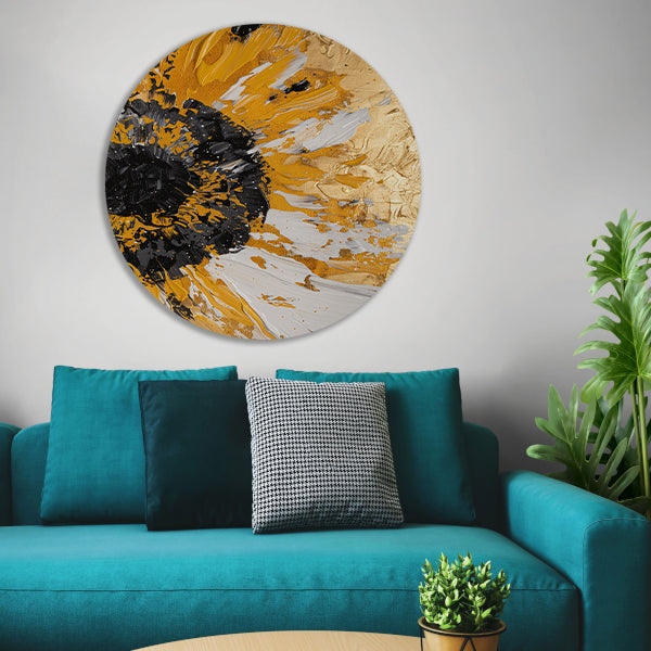 Dynamische abstracte zonnebloem in goud en zwart aluminium muurcirkel