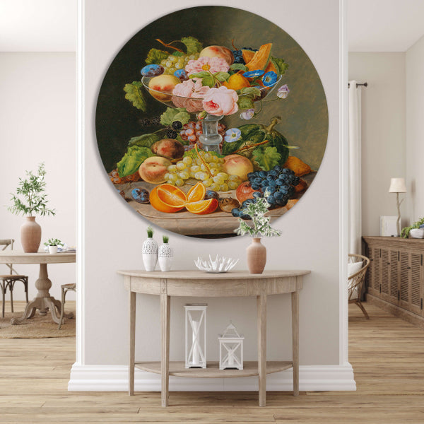 Groot stilleven met bloemen en fruit - Johann Georg Seitz aluminium muurcirkel