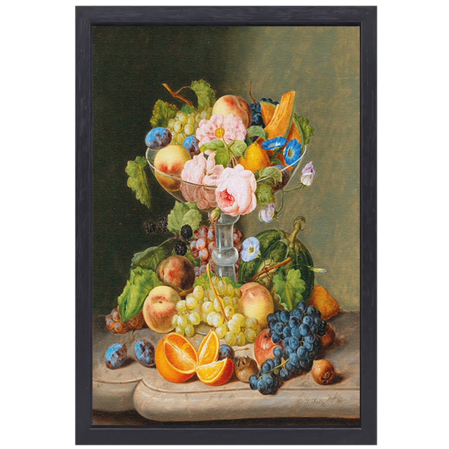 Groot stilleven met bloemen en fruit - Johann Georg Seitz canvas met baklijst
