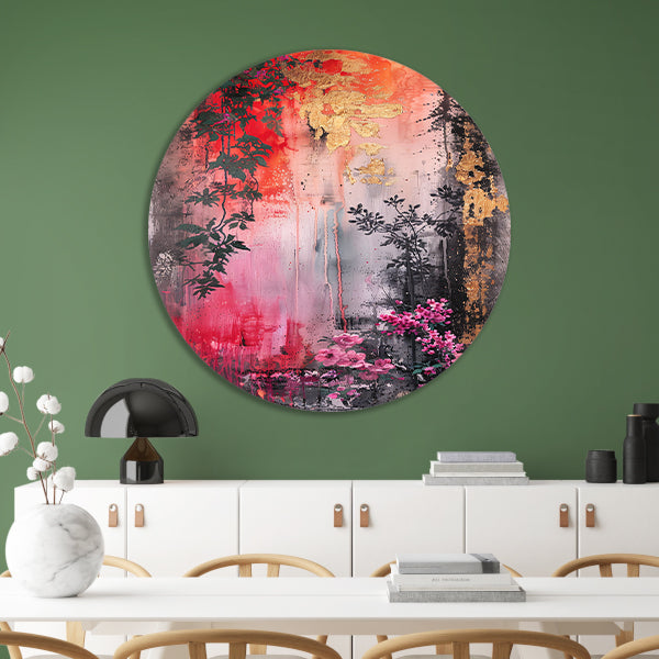 Levendige abstracte bloemen en planten compositie aluminium muurcirkel