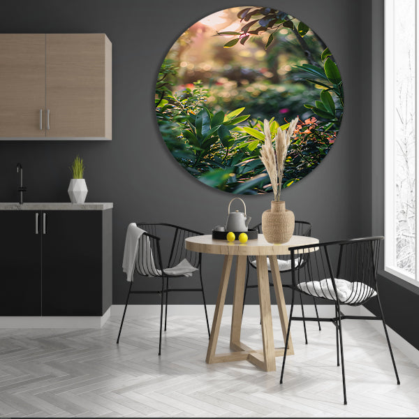 Zonnestralen door groene planten aluminium muurcirkel