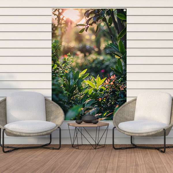 Zonnestralen door groene planten tuinposter