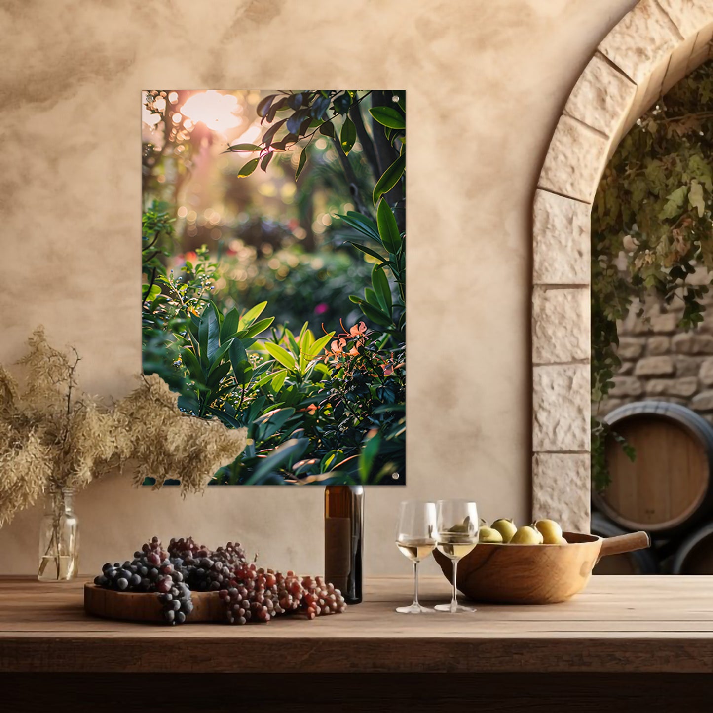 Zonnestralen door groene planten tuinposter