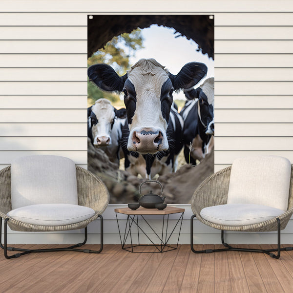 Nieuwsgierige koeien in de aarde tuinposter