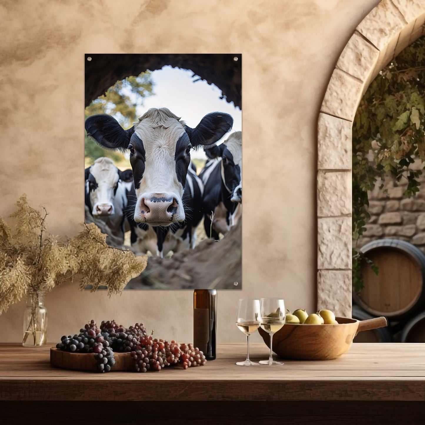 Nieuwsgierige koeien in de aarde tuinposter