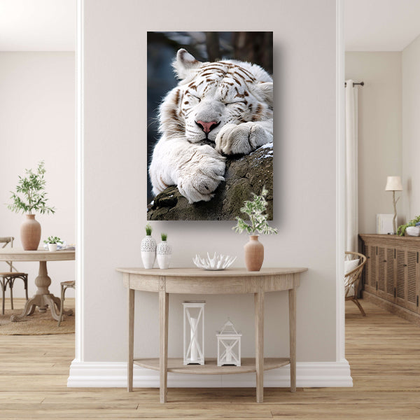 Slapende Witte Tijger op Steen canvas