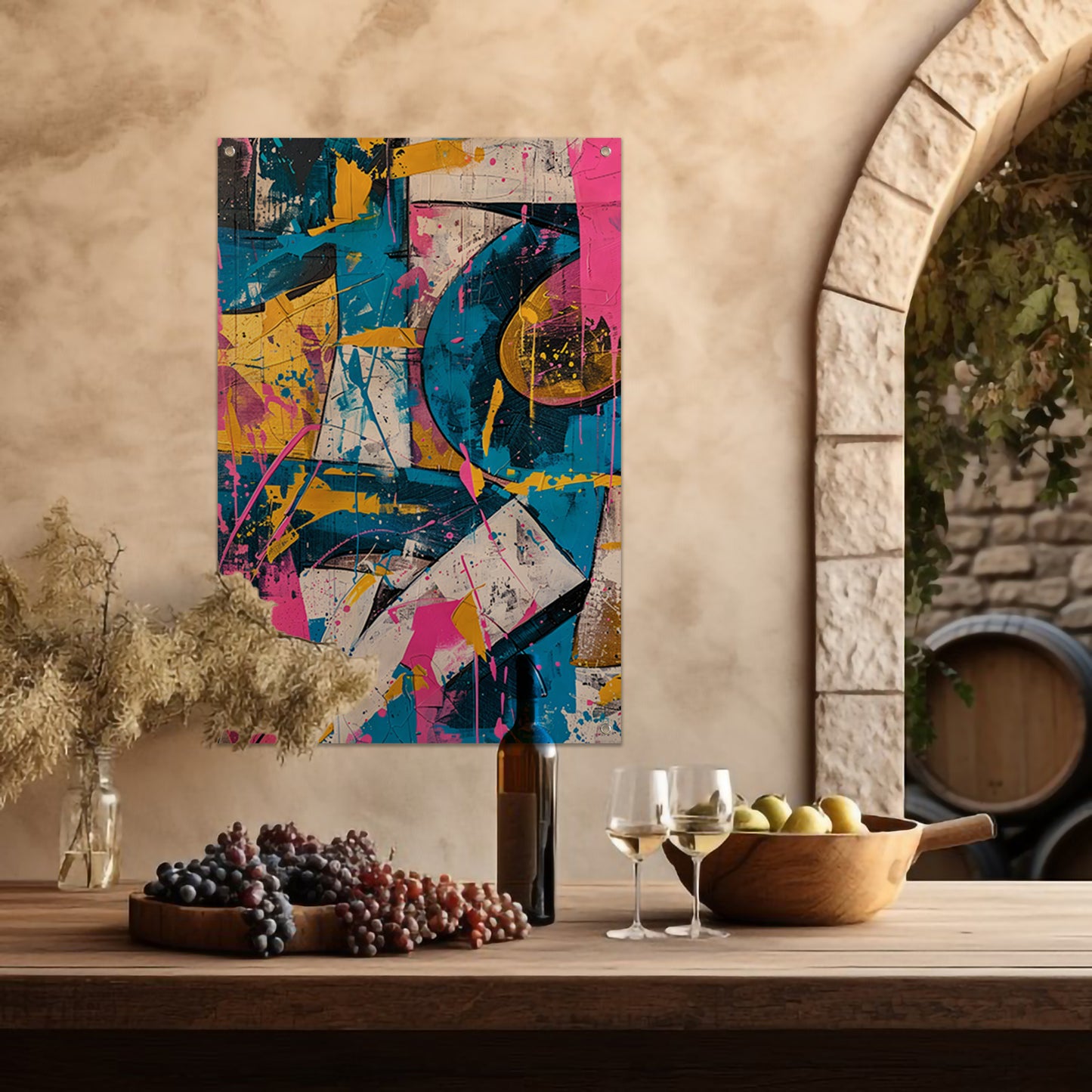 Abstract kleurrijk schilderij met dynamische lijnen tuinposter