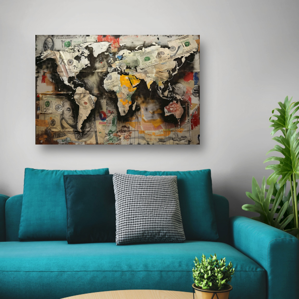 Popart Wereldkaart Geld canvas met baklijst