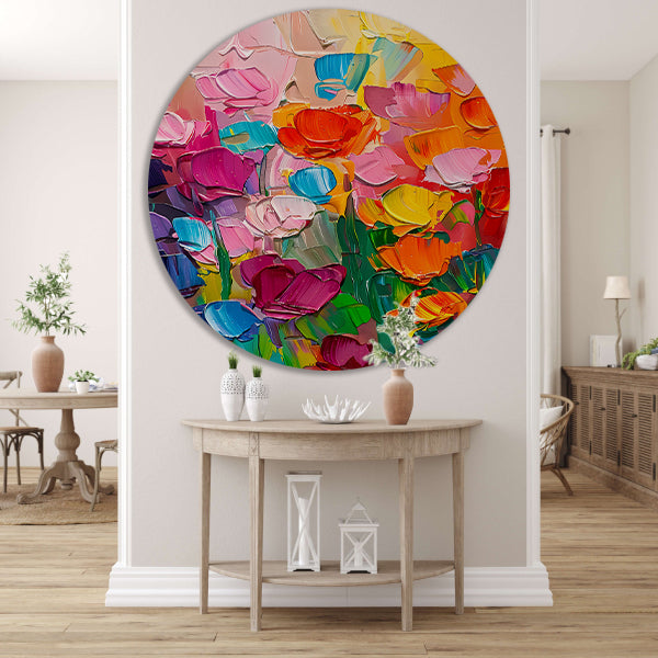 Abstract kleurrijk bloemenveld schilderij voor interieur aluminium muurcirkel