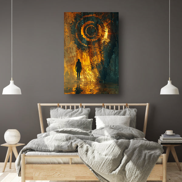 Mysterieuze figuur ontmoet gouden spiraal canvas